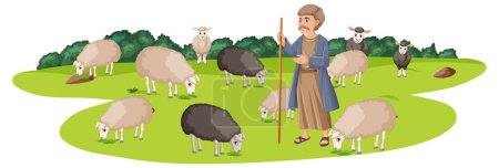 Illustration for A shepherd villager takes care of a large flock of sheep in a beautiful outdoor setting - Royalty Free Image