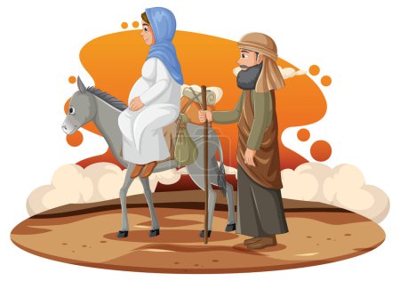 Téléchargez les illustrations : Une illustration de bande dessinée chaleureuse représentant Marie et Joseph voyageant à Bethléem - en licence libre de droit