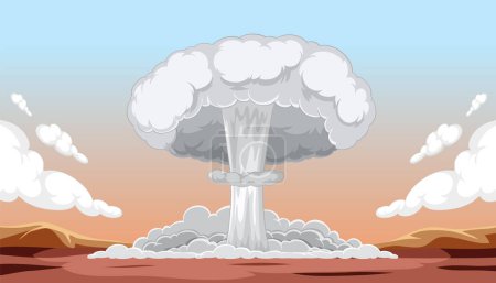Téléchargez les illustrations : Un dessin animé vectoriel vibrant illustrant l'explosion d'une bombe nucléaire sur le site d'essai Trinity - en licence libre de droit