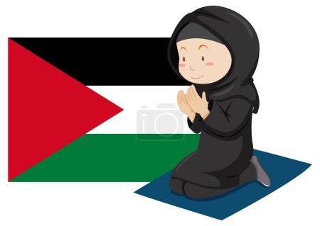 Téléchargez les illustrations : Illustration d'une musulmane priant avec le drapeau palestinien - en licence libre de droit