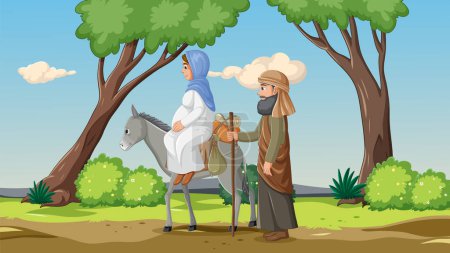 Téléchargez les illustrations : Vierge Marie voyage à dos d'âne tandis que Joseph marche à pied dans l'histoire de la Nativité de Jésus - en licence libre de droit