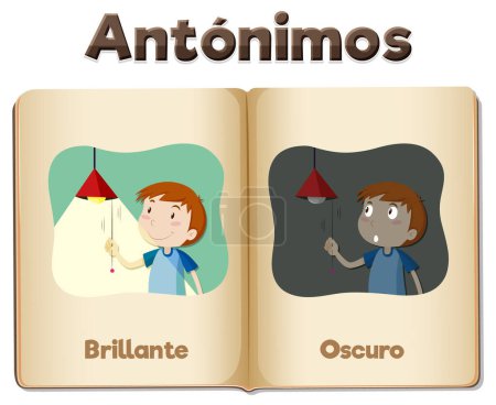 Illustration for An illustrated word card in Spanish featuring the antonyms 'Brillante' (Bright) and 'Oscuro' (Dark) - Royalty Free Image
