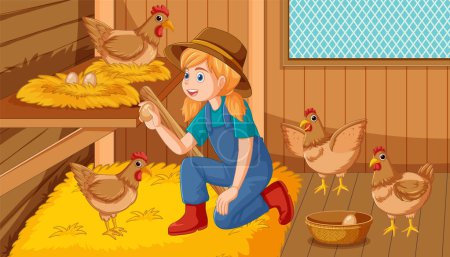 Illustration for A cheerful girl happily picking eggs in a chicken house - Royalty Free Image