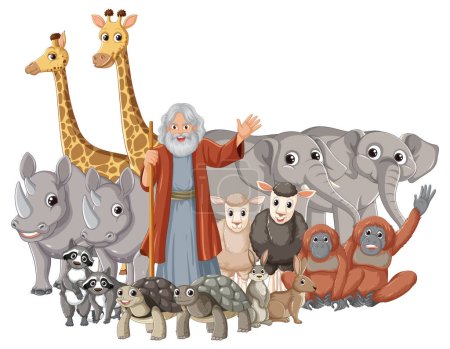 Illustration for A whimsical cartoon illustration depicting a group of wild animals in the biblical story of Noah - Royalty Free Image