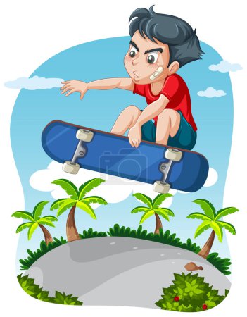 Illustration for A male youth playing skateboard at a cartoon skate park - Royalty Free Image