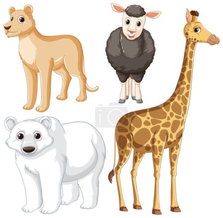 Téléchargez les illustrations : Un groupe d'animaux sauvages mignons dans une illustration vectorielle de style dessin animé - en licence libre de droit
