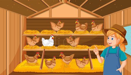 Illustration for A happy girl surrounded by hay and straw in a chicken house - Royalty Free Image