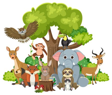 Téléchargez les photos : Une multitude d'animaux sauvages vivant harmonieusement sous un arbre - en image libre de droit