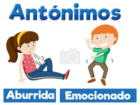 Illustration for Illustrated word card featuring antonyms in Spanish language - Royalty Free Image