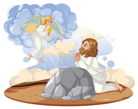 Téléchargez les illustrations : Illustration vectorielle vibrante représentant Jésus priant dans le jardin de Gethsémani - en licence libre de droit