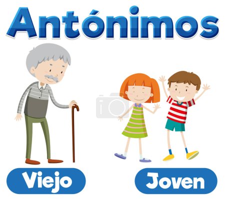 Illustration for Illustrated picture word card in Spanish for teaching antonyms Old and Young - Royalty Free Image