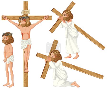 Téléchargez les illustrations : Illustration de Jésus et de personnages de dessins animés chrétiens avec une croix - en licence libre de droit