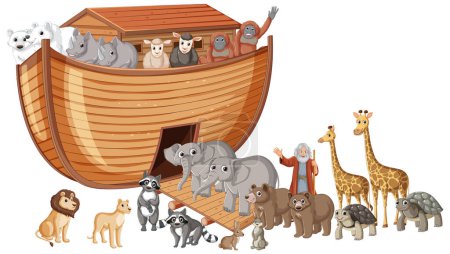 Ilustración de Una animada escena de diversos animales salvajes cargando en el Arca de Noé antes del gran diluvio - Imagen libre de derechos
