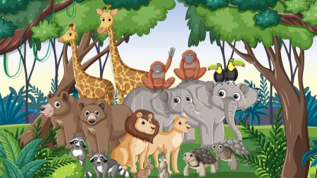 Téléchargez les illustrations : Illustration animée de divers animaux sauvages dans une forêt luxuriante - en licence libre de droit