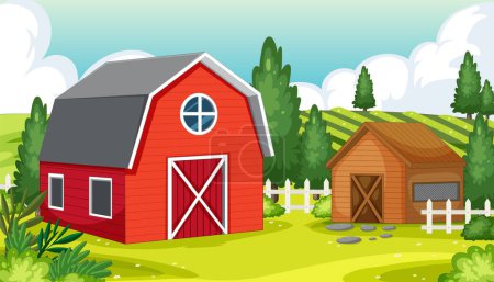 Téléchargez les illustrations : Une charmante illustration de dessin animé d'une maison de campagne entourée d'une grange et de terres agricoles - en licence libre de droit