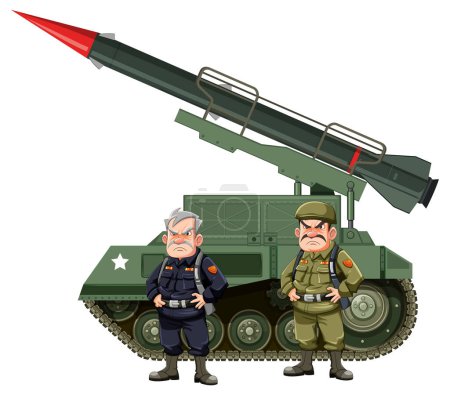 Illustration for Vector cartoon illustration of a tank with a missile, accompanied by two army soldiers - Royalty Free Image