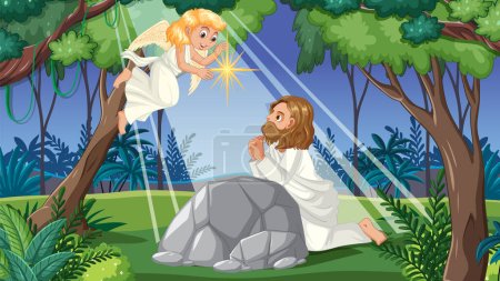 Téléchargez les illustrations : Illustration de Jésus priant dans un art vectoriel à la bande dessinée - en licence libre de droit