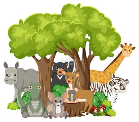 Téléchargez les photos : Divers animaux sauvages vivant ensemble en harmonie sous un arbre - en image libre de droit