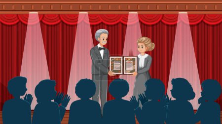 Illustration for Marie Curie, depicted in a vector cartoon style, is awarded the Nobel Prize under a limelight curtain on stage - Royalty Free Image
