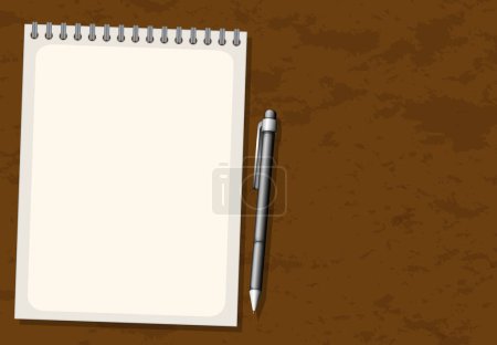 Ilustración de Dibujos animados coloridos ilustración de un cuaderno y pluma sobre un fondo marrón - Imagen libre de derechos