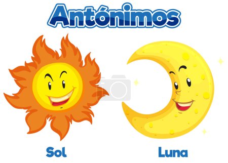 Illustration for Illustrated card with Spanish antonyms: Sol (sun) and Luna (moon) - Royalty Free Image