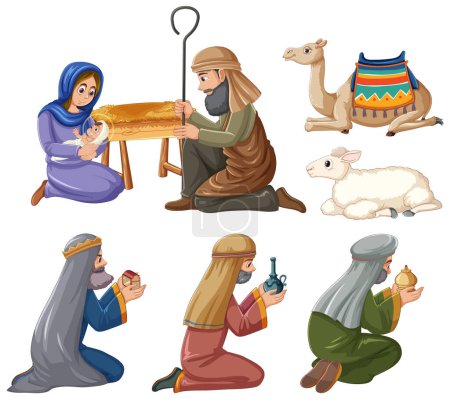 Ilustración de Una vibrante ilustración vectorial que representa el nacimiento de Jesús en un estilo de dibujos animados - Imagen libre de derechos