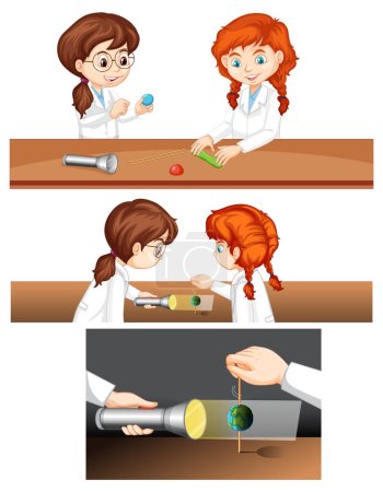 Illustration for A girl in a science gown explores day and night with a sample Earth - Royalty Free Image