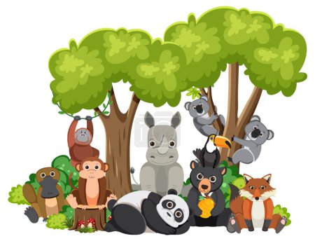 Téléchargez les illustrations : Divers animaux sauvages vivant ensemble en harmonie sous un arbre - en licence libre de droit