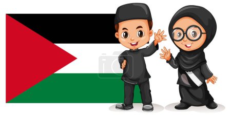 Ilustración de Ilustración de personajes musulmanes masculinos y femeninos con bandera de Palestina - Imagen libre de derechos