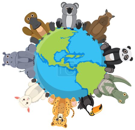 Photo for Vector cartoon illustration of wild animals on a sphere - Royalty Free Image