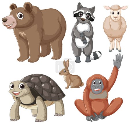 Téléchargez les illustrations : Un groupe animé d'animaux sauvages dans une illustration de style dessin animé - en licence libre de droit