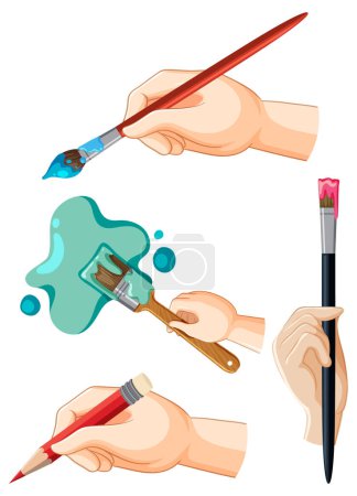 Illustration for Vibrant vector illustration of human hands with various drawing tools - Royalty Free Image