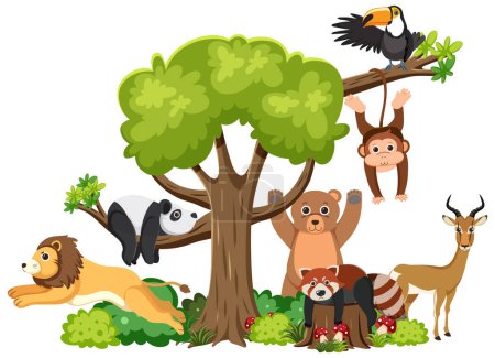 Ilustración de Animales salvajes viviendo juntos felizmente en un bosque aislado - Imagen libre de derechos
