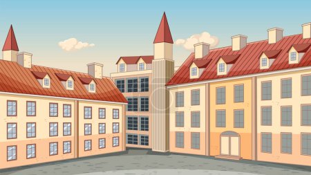 Ilustración de Una vibrante ilustración de dibujos animados de una plaza de la ciudad europea con edificios históricos - Imagen libre de derechos