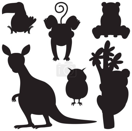 Téléchargez les illustrations : Un groupe d'animaux sauvages représentés dans une silhouette minimaliste de dessin animé - en licence libre de droit