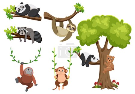 Ilustración de Un grupo de animales salvajes colgando juntos en ramas de árboles - Imagen libre de derechos