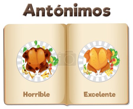 Illustration for Illustrated picture word card with antonyms for education in Spanish - Royalty Free Image