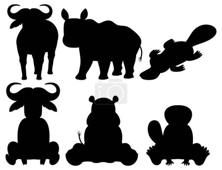 Téléchargez les illustrations : Une collection d'illustrations vectorielles de dessins animés représentant des silhouettes d'animaux sauvages - en licence libre de droit
