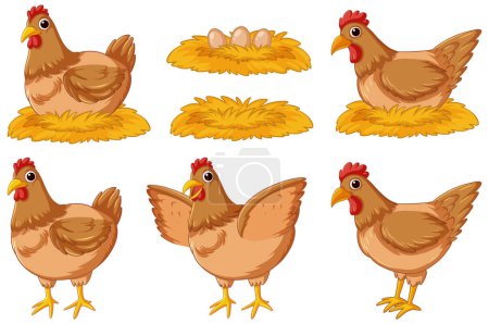 Téléchargez les illustrations : Une délicieuse collection de poulets, poules et œufs de style dessin animé - en licence libre de droit