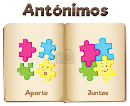 Illustration for Illustrated word card featuring antonyms Aparte and Juntos in Spanish means apart and together - Royalty Free Image