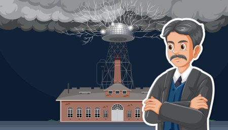 Ilustración de Una representación ilustrada del experimento del transmisor de aumento de Nikola Tesla - Imagen libre de derechos