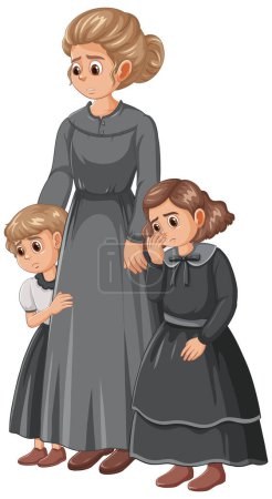 Ilustración de Una mujer y sus hijas, vestidas con ropa de la era de la Reconstrucción, posan con un personaje de dibujos animados de Marie Curie de cara triste. - Imagen libre de derechos