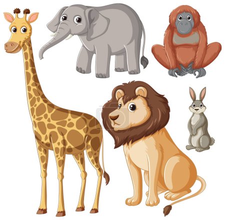 Téléchargez les illustrations : Un groupe animé d'animaux sauvages dans une illustration de dessin animé - en licence libre de droit