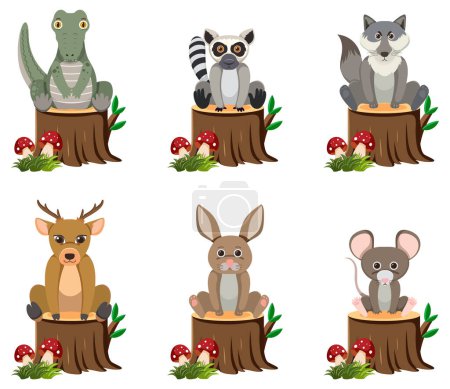Téléchargez les photos : Illustration vectorielle de dessins animés d'animaux sauvages perchés sur un tronc d'arbre - en image libre de droit