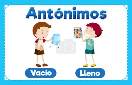 Illustration for Illustrated word card featuring antonyms in Spanish language means empty and full - Royalty Free Image