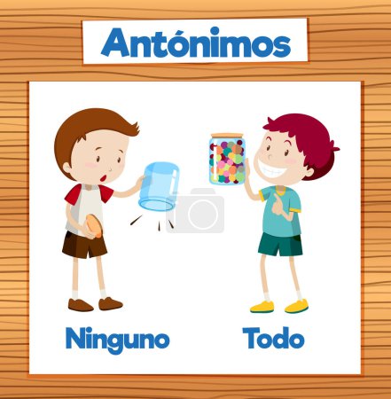 Illustration for Illustrated word cards depicting the Spanish antonyms Ninguno (none) and Todo (all) in education - Royalty Free Image