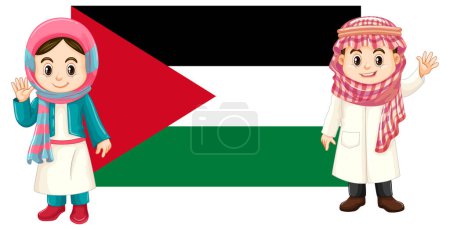 Illustration for Illustration of male and female cartoon characters standing next to the Palestine flag - Royalty Free Image