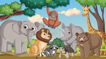 Ilustración de Vibrante ilustración de dibujos animados que muestra una variedad de animales salvajes en su hábitat natural - Imagen libre de derechos