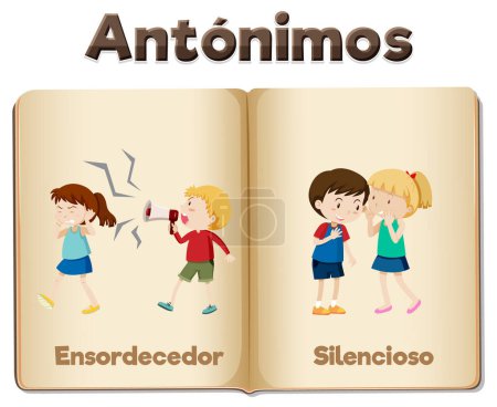 Téléchargez les illustrations : Illustration de bande dessinée éducative en espagnol représentant les antonymes 'Ensordecedor' et 'Silencioso' signifiant 'assourdissant' et 'silencieux' - en licence libre de droit