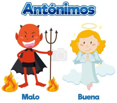 Illustration for Illustrated word card featuring antonyms in Spanish means bad and good - Royalty Free Image